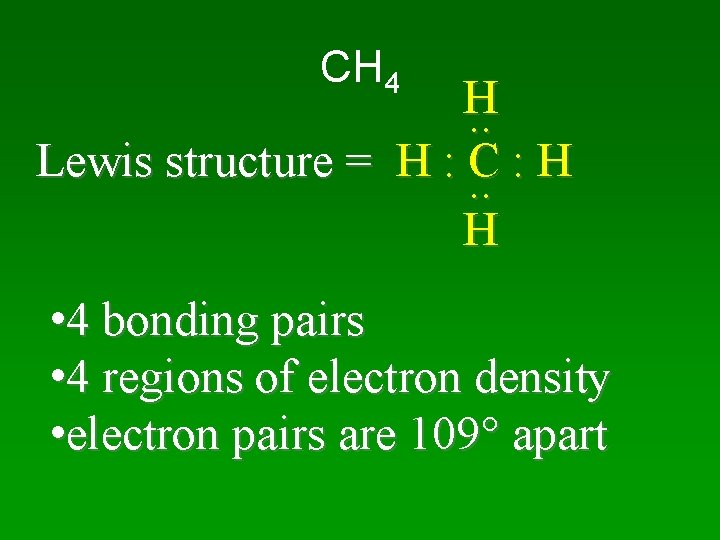 CH 4 H. . Lewis structure = H : C : H. . H