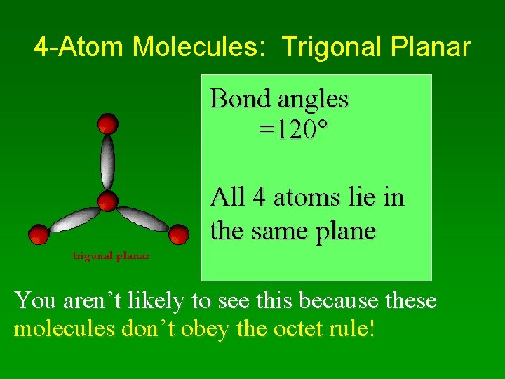 4 -Atom Molecules: Trigonal Planar Bond angles =120 All 4 atoms lie in the