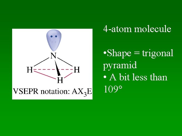 4 -atom molecule • Shape = trigonal pyramid • A bit less than 109