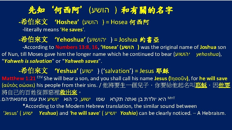 先知‘何西阿’( ) הושע 和有關的名字 -希伯來文 ‘Hoshea’ ( = ) הושע Hosea 何西阿 -希伯來文 ‘Yehoshua’