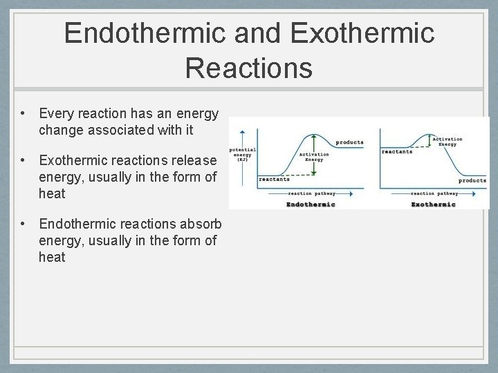 Endothermic and Exothermic Reactions • Every reaction has an energy change associated with it