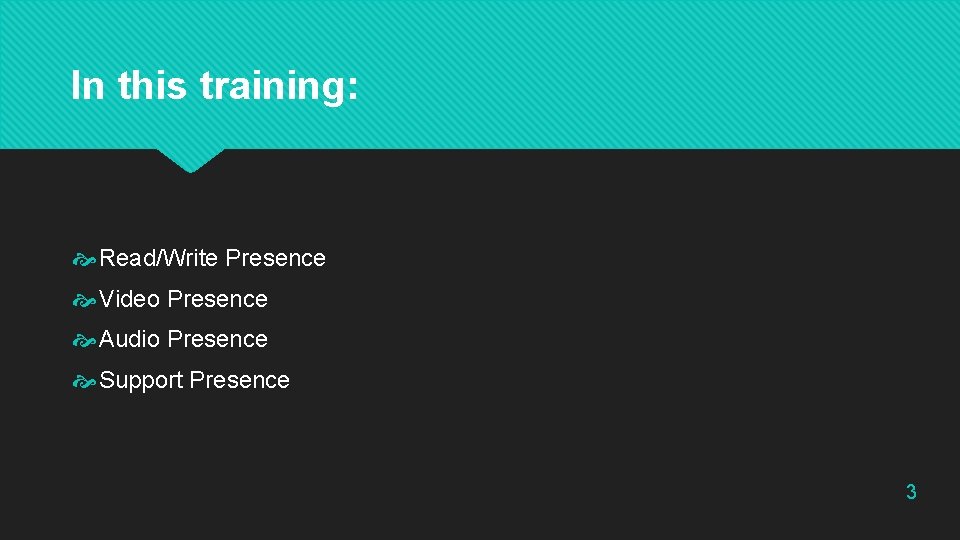 In this training: Read/Write Presence Video Presence Audio Presence Support Presence 3 