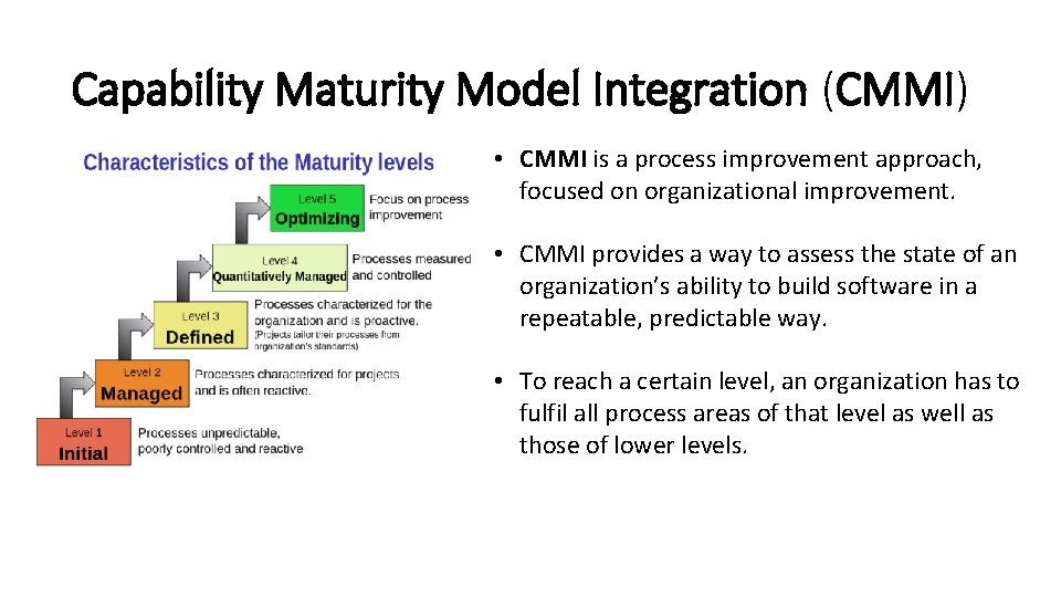 Capability Maturity Model Integration (CMMI) • CMMI is a process improvement approach, focused on
