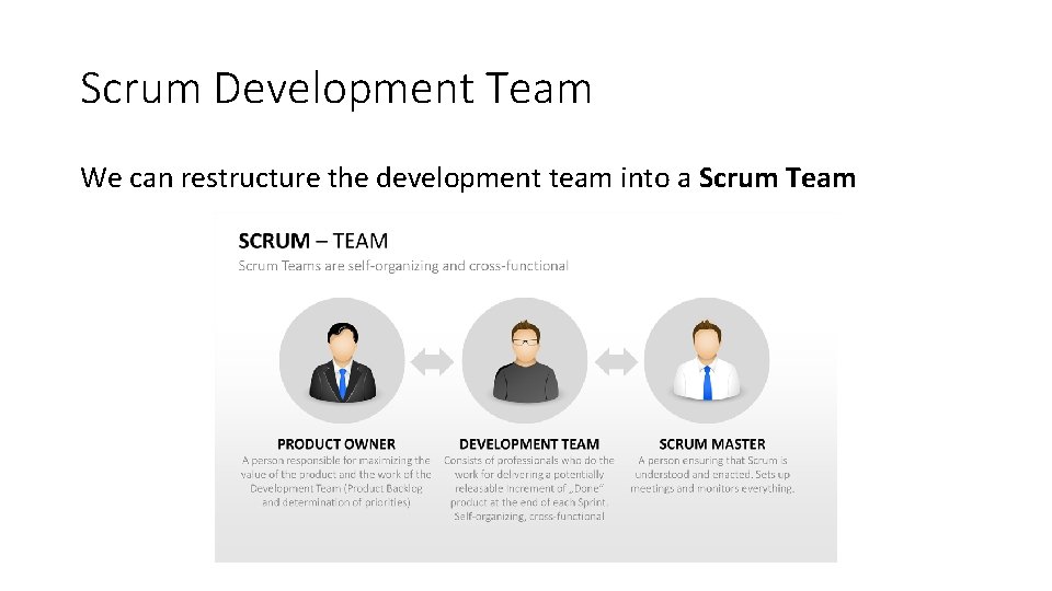 Scrum Development Team We can restructure the development team into a Scrum Team 