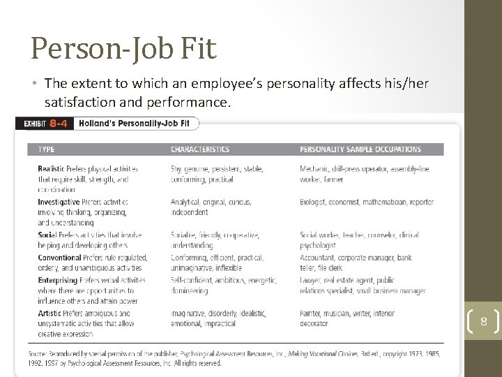 Person-Job Fit • The extent to which an employee’s personality affects his/her satisfaction and