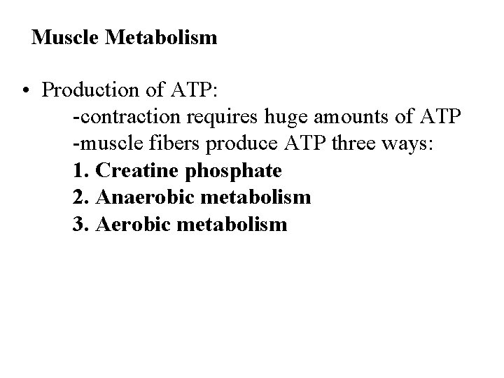 Muscle Metabolism • Production of ATP: -contraction requires huge amounts of ATP -muscle fibers