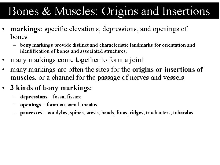 Bones & Muscles: Origins and Insertions • markings: specific elevations, depressions, and openings of