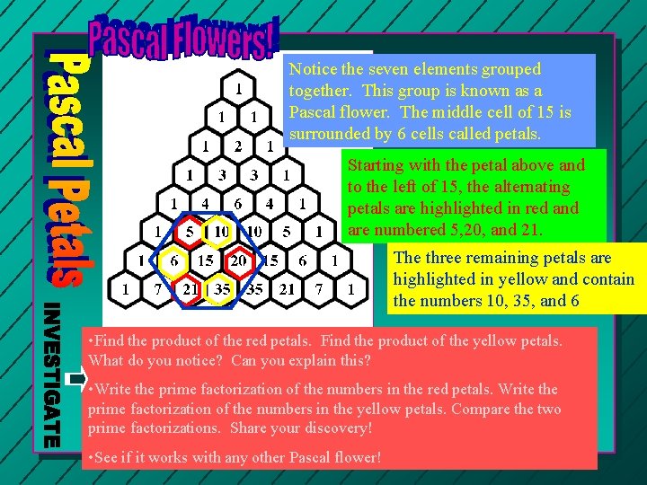Notice the seven elements grouped together. This group is known as a Pascal flower.