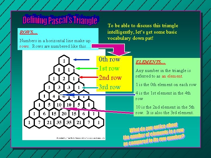 ROWS… Numbers in a horizontal line make up rows. Rows are numbered like this….