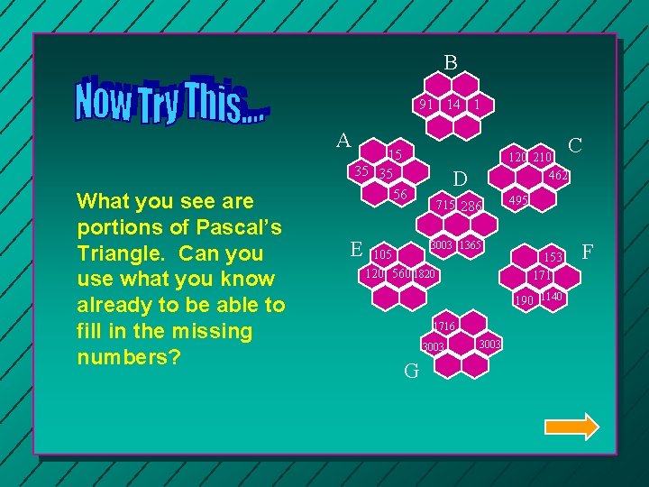 B 91 14 1 A What you see are portions of Pascal’s Triangle. Can