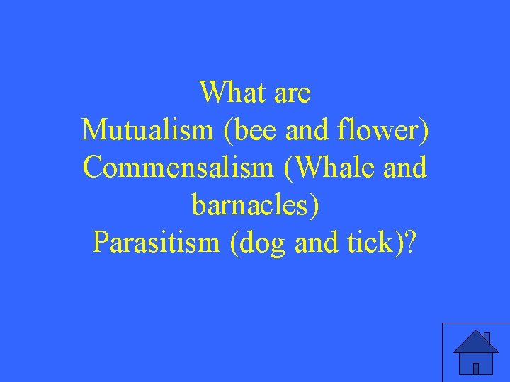 What are Mutualism (bee and flower) Commensalism (Whale and barnacles) Parasitism (dog and tick)?