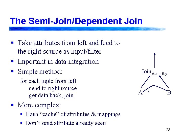 The Semi-Join/Dependent Join § Take attributes from left and feed to the right source The Semi-Join/Dependent Join § Take attributes from left and feed to the right source