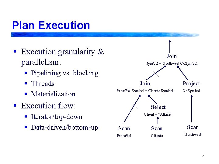 Plan Execution § Execution granularity & parallelism: § Pipelining vs. blocking § Threads § Plan Execution § Execution granularity & parallelism: § Pipelining vs. blocking § Threads §