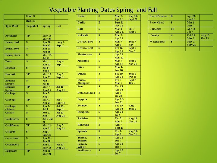 Vegetable Planting Dates Spring and Fall 