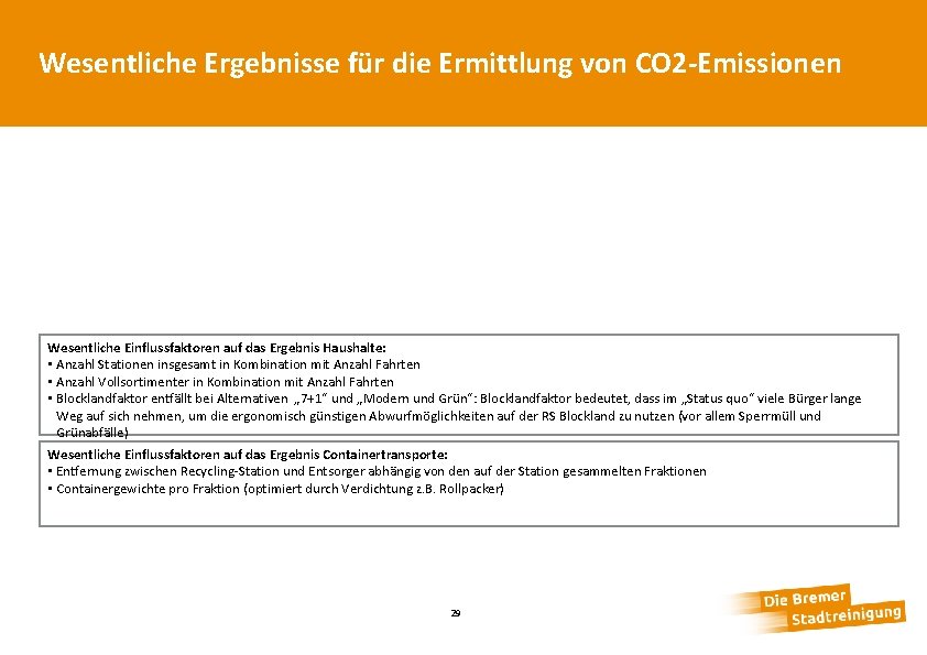 Wesentliche Ergebnisse für die Ermittlung von CO 2 -Emissionen Wesentliche Einflussfaktoren auf das Ergebnis