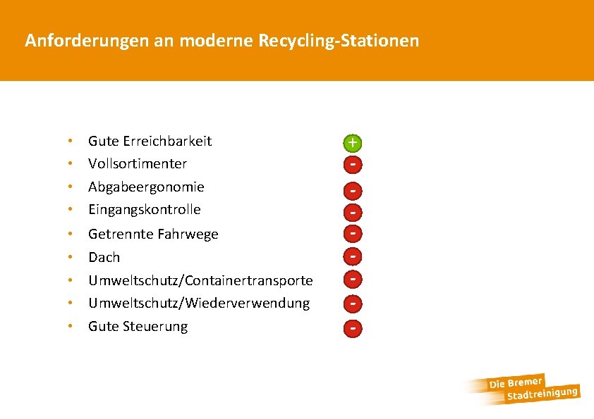 Anforderungen an moderne Recycling-Stationen • • Gute Erreichbarkeit Vollsortimenter Abgabeergonomie Eingangskontrolle • • •