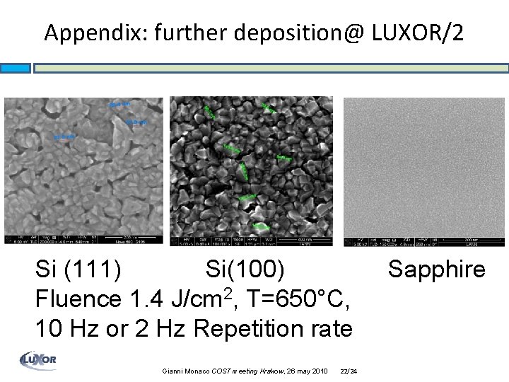 Appendix: further deposition@ LUXOR/2 Si (111) Si(100) Fluence 1. 4 J/cm 2, T=650°C, 10