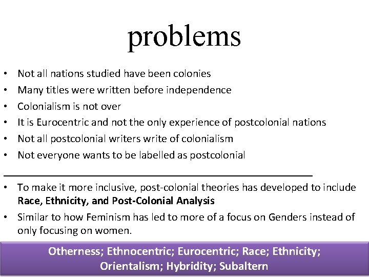 problems • Not all nations studied have been colonies • Many titles were written