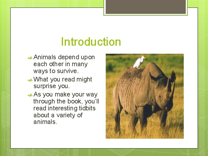 Introduction Animals depend upon each other in many ways to survive. What you read