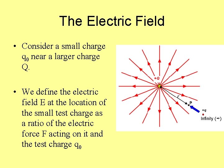 The Electric Field • Consider a small charge q 0 near a larger charge