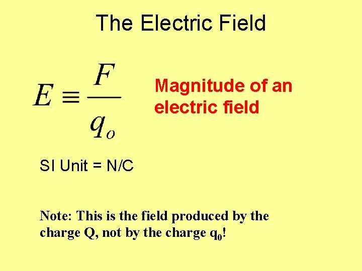 The Electric Field Magnitude of an electric field SI Unit = N/C Note: This
