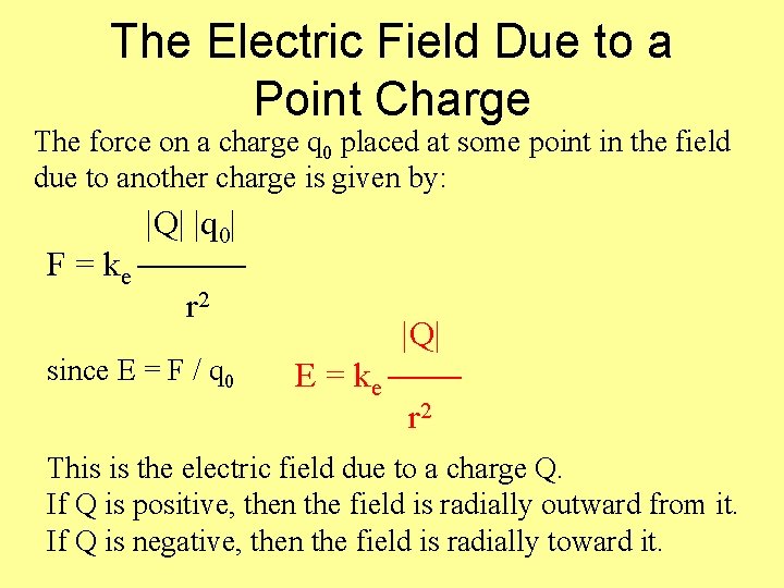 The Electric Field Due to a Point Charge The force on a charge q