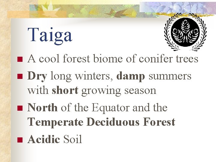 Taiga n n A cool forest biome of conifer trees Dry long winters, damp