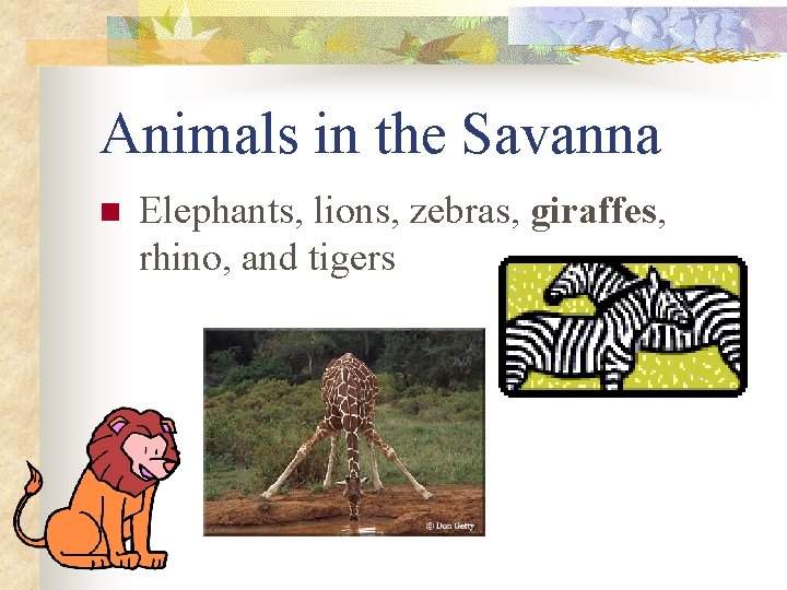 Animals in the Savanna n Elephants, lions, zebras, giraffes, rhino, and tigers 