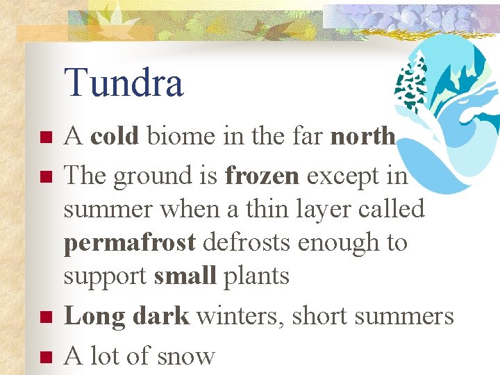 Tundra n n A cold biome in the far north The ground is frozen