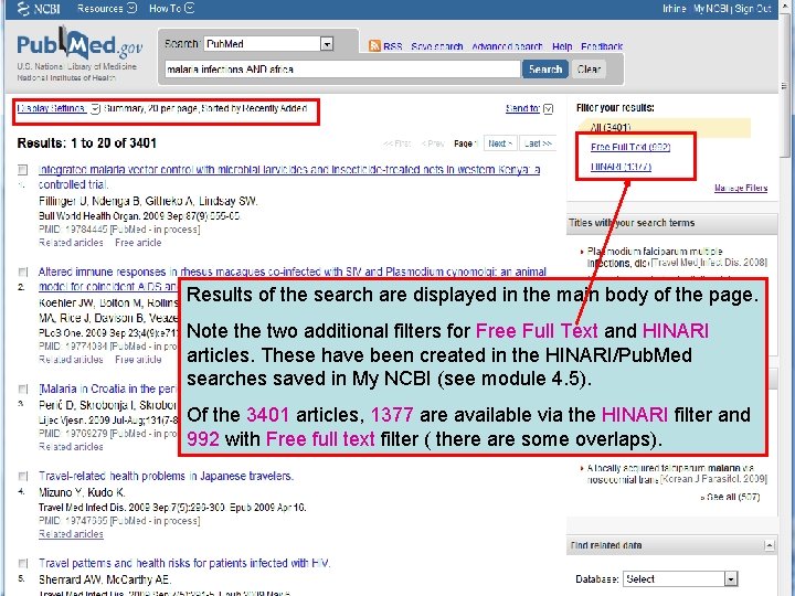 Results of the search are displayed in the main body of the page. Note