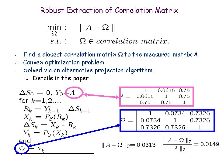 Robust Extraction of Correlation Matrix • • • Find a closest correlation matrix to