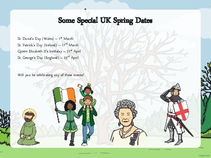 Some Special UK Spring Dates St. David’s Day (Wales) – 1 st March St.