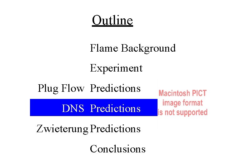 Outline Flame Background Experiment Plug Flow Predictions DNS Predictions Zwieterung Predictions Conclusions 