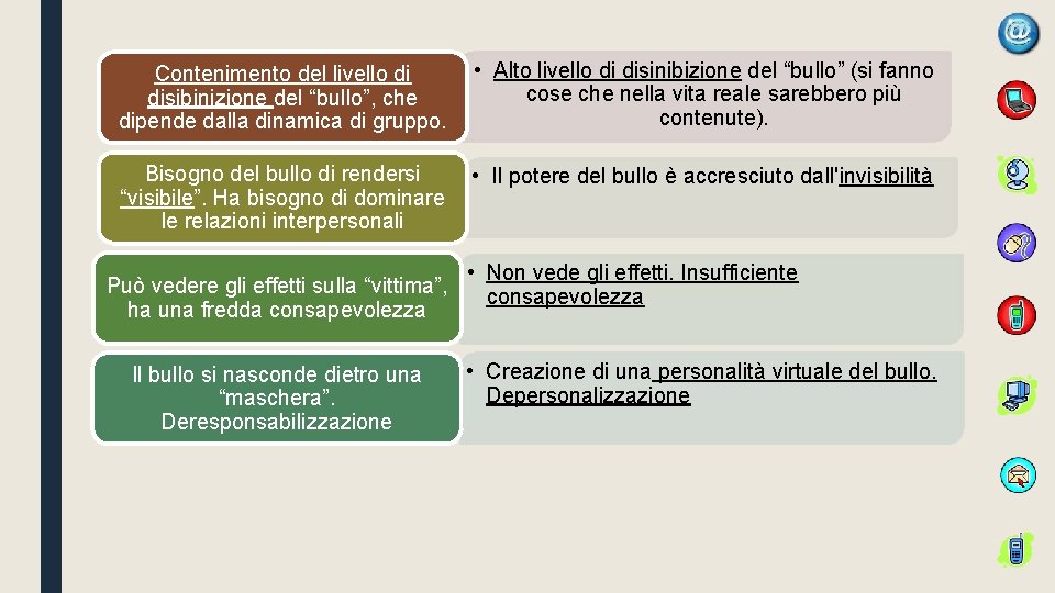 Contenimento del livello di disibinizione del “bullo”, che dipende dalla dinamica di gruppo. •