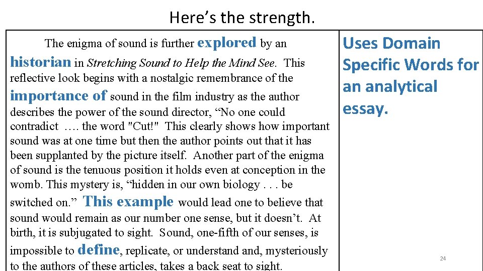 Here’s the strength. The enigma of sound is further explored by an historian in