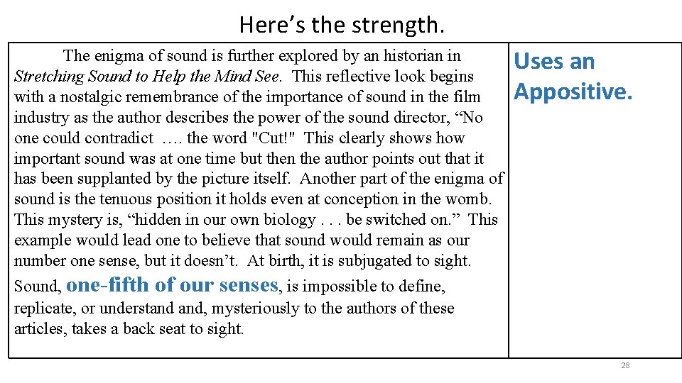 Here’s the strength. The enigma of sound is further explored by an historian in
