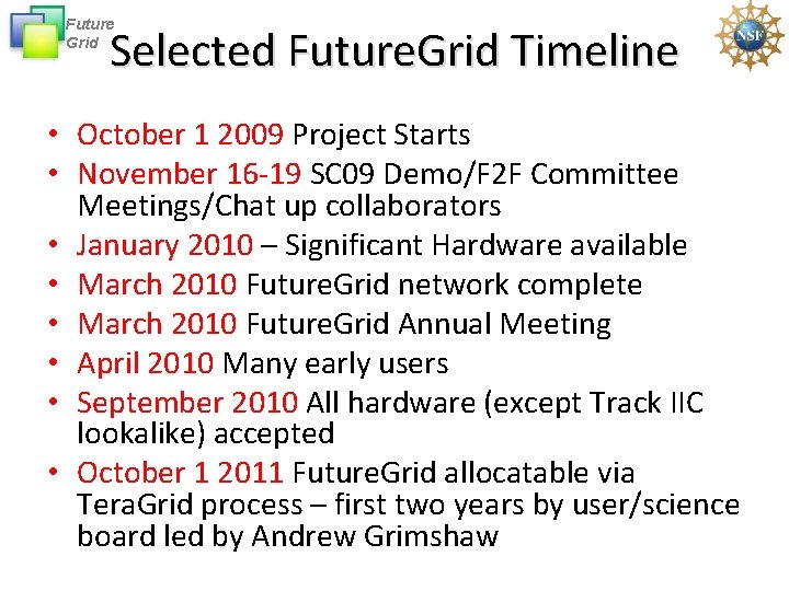 Future Grid Selected Future. Grid Timeline • October 1 2009 Project Starts • November
