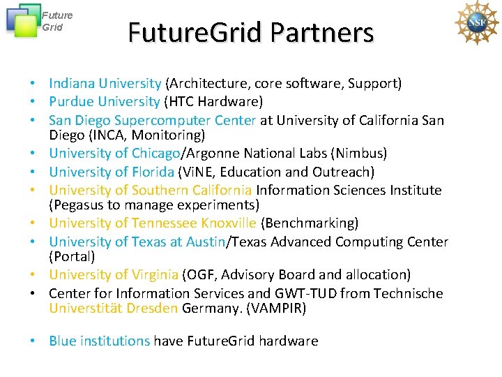 Future Grid Future. Grid Partners • Indiana University (Architecture, core software, Support) • Purdue