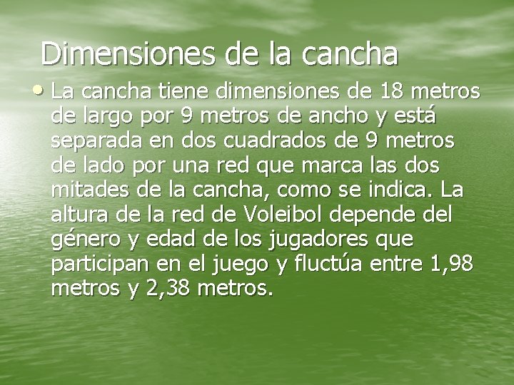 Dimensiones de la cancha • La cancha tiene dimensiones de 18 metros de largo