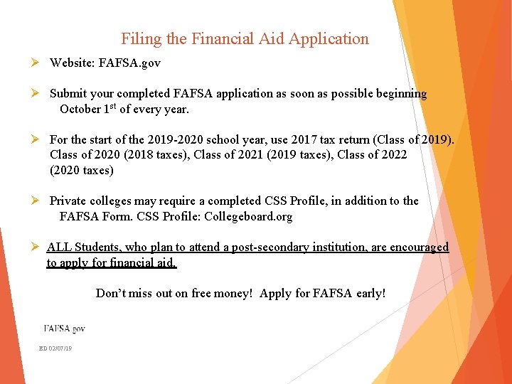 Filing the Financial Aid Application Ø Website: FAFSA. gov Ø Submit your completed FAFSA