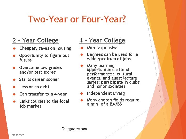 Two-Year or Four-Year? 2 – Year College 4 – Year College Cheaper, saves on