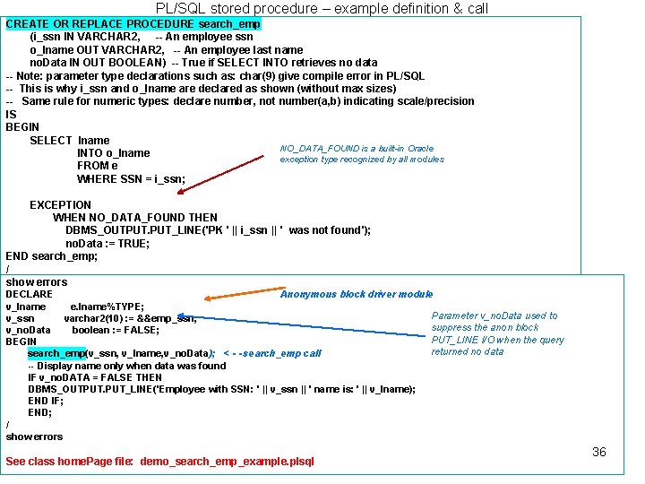 PL/SQL stored procedure – example definition & call CREATE OR REPLACE PROCEDURE search_emp (i_ssn PL/SQL stored procedure – example definition & call CREATE OR REPLACE PROCEDURE search_emp (i_ssn