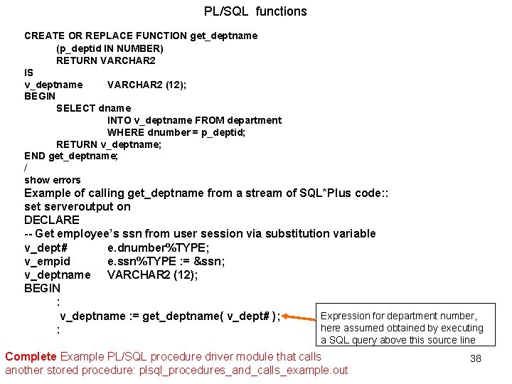 PL/SQL functions CREATE OR REPLACE FUNCTION get_deptname (p_deptid IN NUMBER) RETURN VARCHAR 2 IS PL/SQL functions CREATE OR REPLACE FUNCTION get_deptname (p_deptid IN NUMBER) RETURN VARCHAR 2 IS