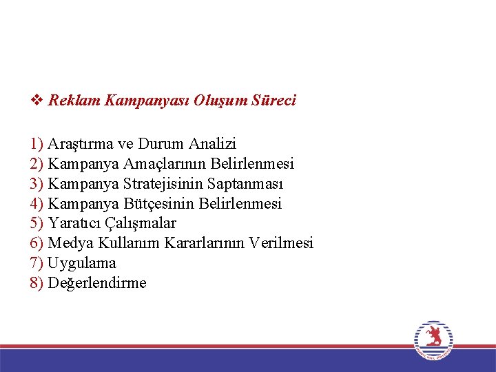 v Reklam Kampanyası Oluşum Süreci 1) Araştırma ve Durum Analizi 2) Kampanya Amaçlarının Belirlenmesi