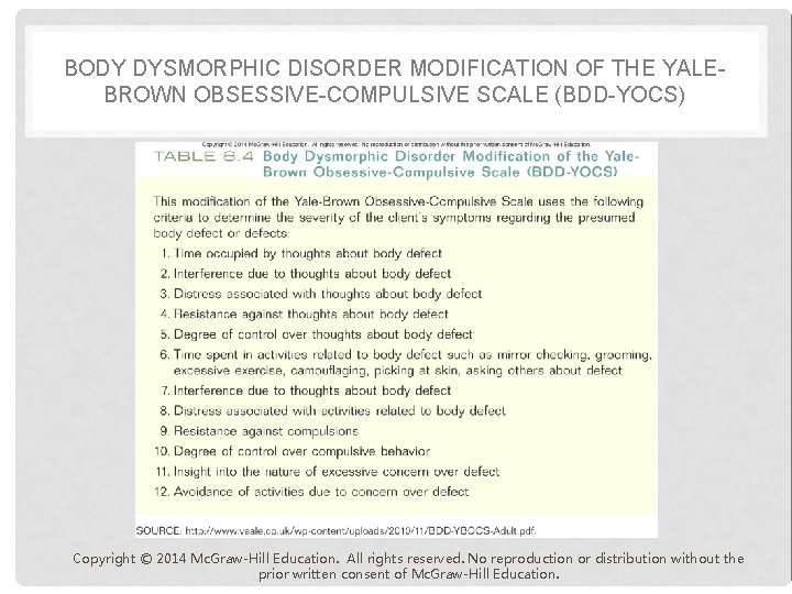 BODY DYSMORPHIC DISORDER MODIFICATION OF THE YALEBROWN OBSESSIVE-COMPULSIVE SCALE (BDD-YOCS) Copyright © 2014 Mc.