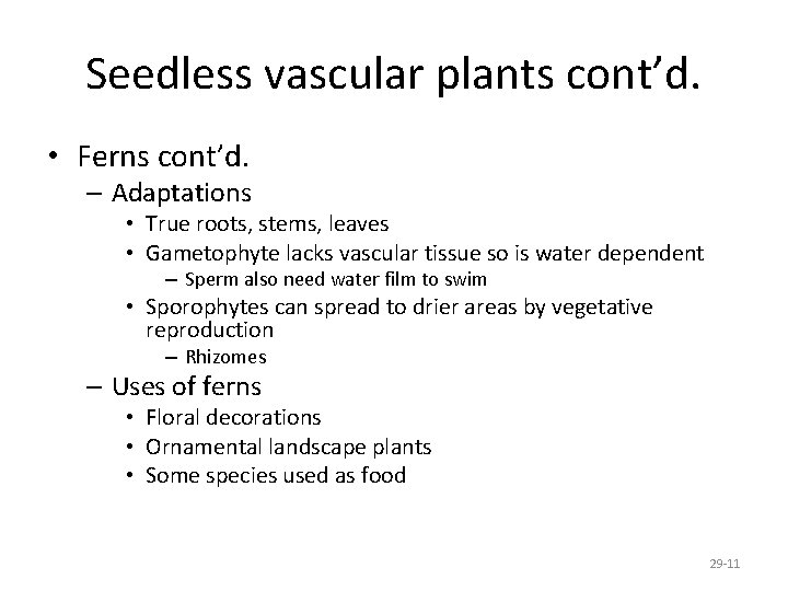 Seedless vascular plants cont’d. • Ferns cont’d. – Adaptations • True roots, stems, leaves