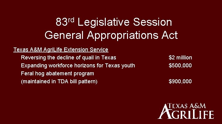 83 rd Legislative Session General Appropriations Act Texas A&M Agri. Life Extension Service Reversing