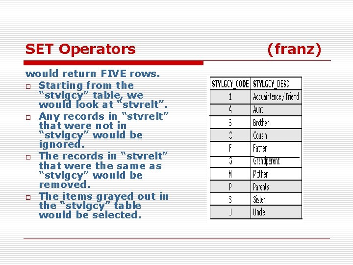 SET Operators would return FIVE rows. o Starting from the “stvlgcy” table, we would