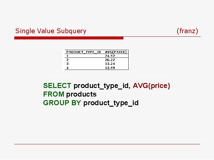 Single Value Subquery SELECT product_type_id, AVG(price) FROM products GROUP BY product_type_id (franz) 