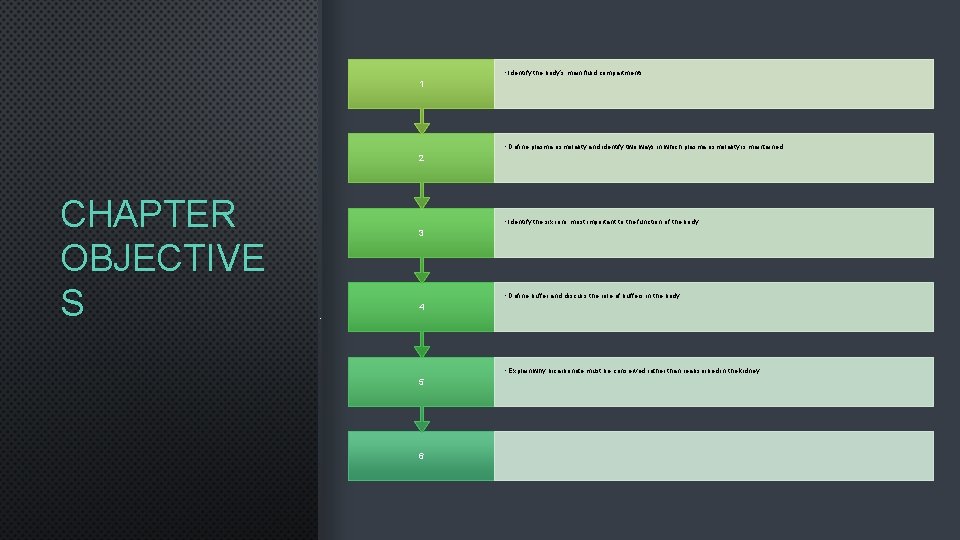  • Identify the body’s main fluid compartments 1 • Define plasma osmolality and